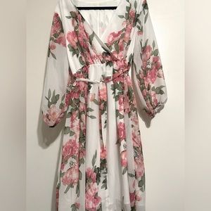 Floral Print White A-line Dress - 1X